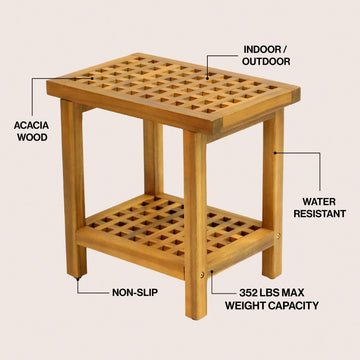 Armin 18.1" Modern Classic Grid Slat Solid Acacia Wood Indoor/Outdoor Shower Stool